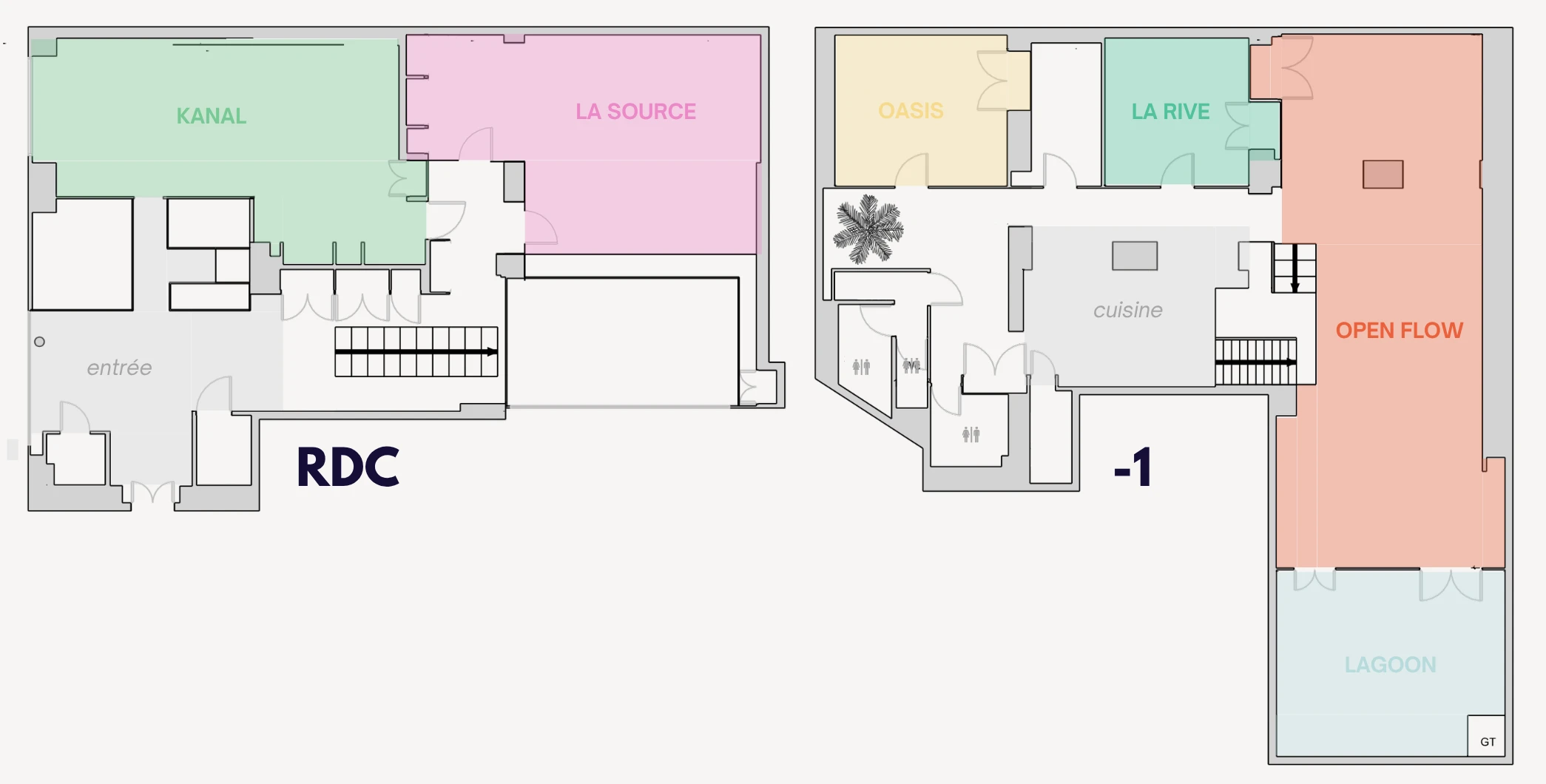 Plan de Kaskad République : rez-de-chaussée (Kanal, La Source, entrée) et niveau -1 (Oasis, La Rive, cuisine, Open Flow, Lagoon)